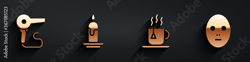 Set Hair dryer, Burning candle, Cup of tea with tea bag and Facial cosmetic mask icon with long shadow. Vector.