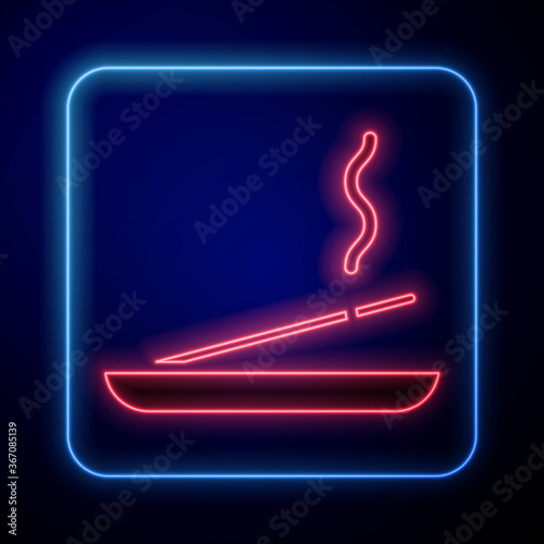 Glowing neon Scented spa stick on a wooden stand icon isolated on blue background. Incense stick. Cosmetic procedure aromatherapy. Vector Illustration.