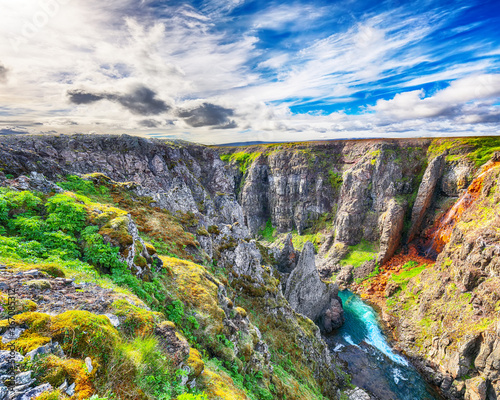 Marvelous view of  Kolugljufur canyon and Kolufossar falls. photo