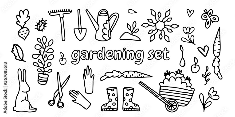 Vector set of garden doodle illustrations. Line drawings on a white isolated background. Design of goods for the garden and horticulture. Rake, shovel, scissors, boots, gloves, flowers and plants