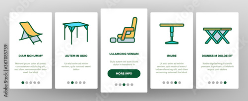 Folding Furniture Onboarding Mobile App Page Screen Vector. Table And Chair, Lounge And Armchair Compact And Garden Relaxation Furniture Illustrations