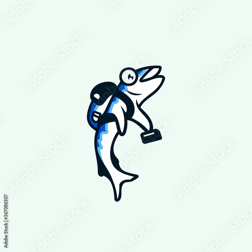 School Fish mascot logo design fun simple elegant bring a lunch box.