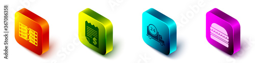Set Isometric Restaurant cafe menu, Paper or financial check, Fast delivery by car and Burger icon. Vector.