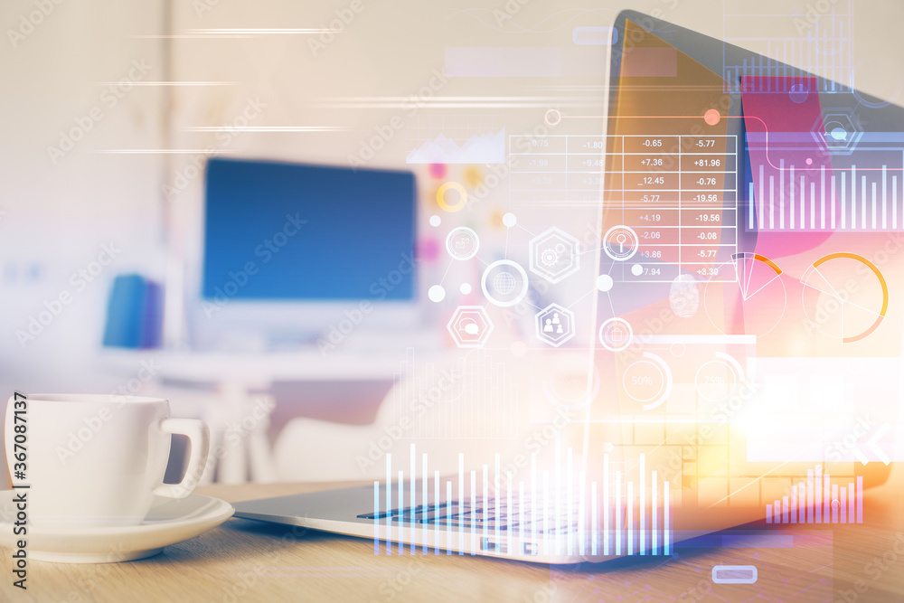 Multi exposure of desktop computer and technology theme hologram. Concept of software development. Multi exposure of desktop computer and technology theme hologram. Concept of software development.