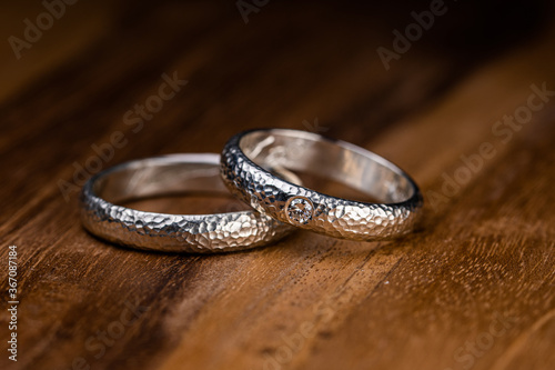 beautiful Hammered Wedding Rings on Wood