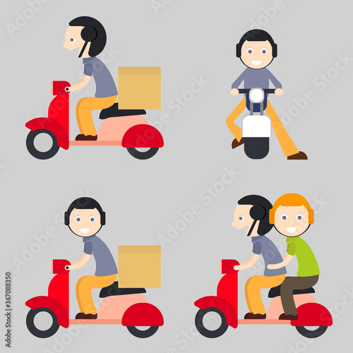 A person on a scooter. A delivery boy with a parcel on scooter. A scooter rider with a pillion rider. photo