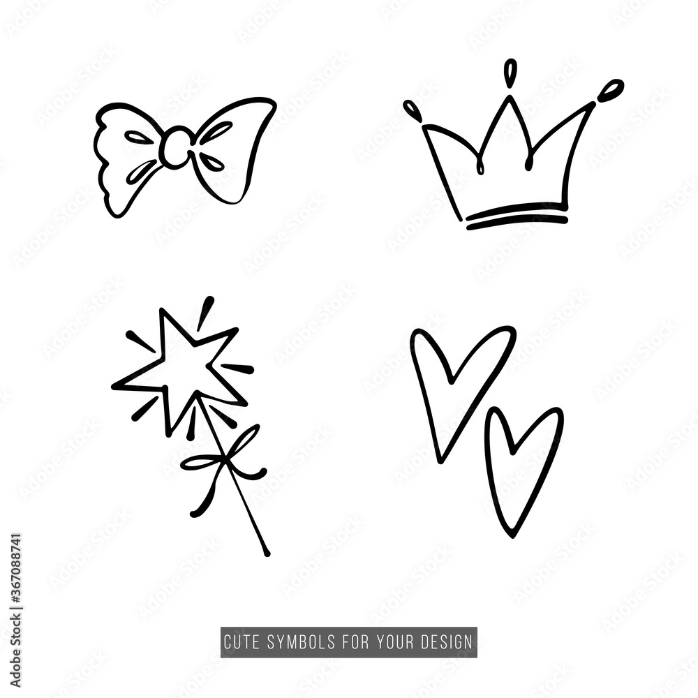 crown, bow, magic wand, line heart. Cute black line symbols. Simple doodle hand drawn art. Vector linear design on white background.