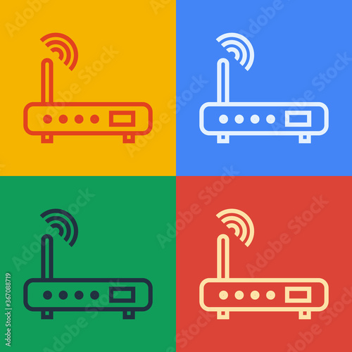 Pop art line Router and wi-fi signal icon isolated on color background. Wireless ethernet modem router. Computer technology internet. Vector Illustration.