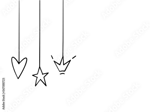 Heart, stars, crown hanging on a string symbols. Cute black line simple doodle hand drawn art. Vector linear design on white background.