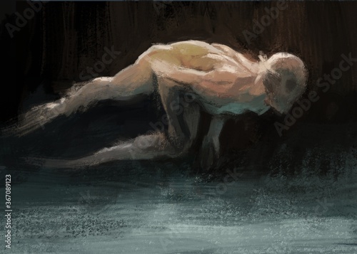 Digital painting of a mutated human swimming in the deeps 