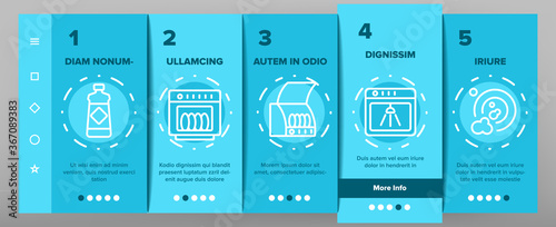 Dishwasher Utensil Onboarding Mobile App Page Screen Vector. Dishwasher Equipment And Cleaning Liquid Bottle For Wash Dishware Cup And Plate Illustrations