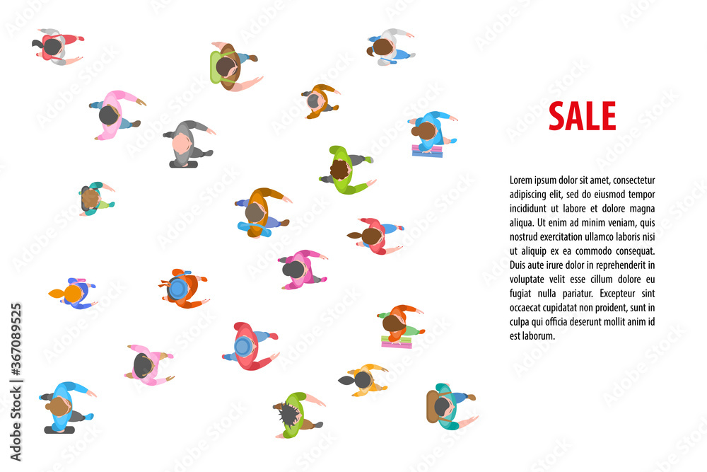 People run to the sales event. Top view. A group of different people running. View from above. Space for text. People run to the sales event. Top view. A group of different people running. View from above. Space for text.