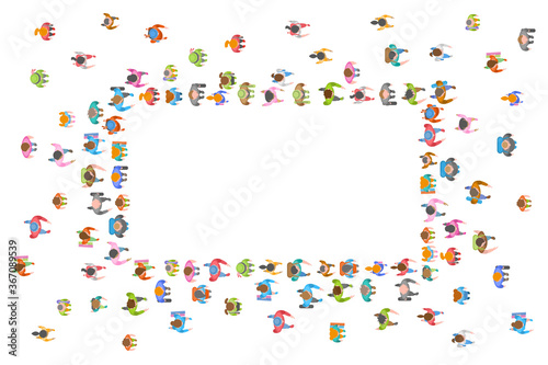  Large group of people crowded in rectangular frame on white background. Top view. A group of people in the shape of a rectangle. View from above. Space for text.