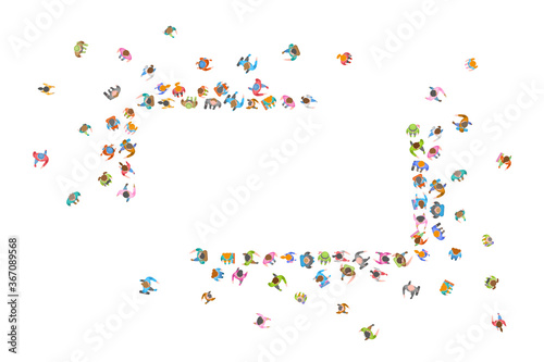  Large group of people crowded in rectangular frame on white background. Top view. A group of people in the shape of a rectangle. View from above. Space for text.