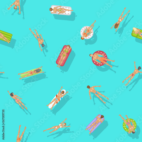 Vector seamless pattern. People swim on inflatable circles, inflatable mattresses, surfboards. Top view. Summer time. Men and women swim in the ocean, sea, water. View from above.