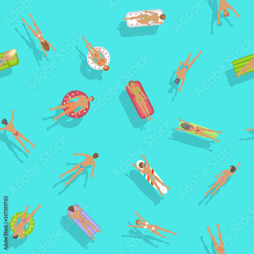 Vector seamless pattern. People swim on inflatable circles, inflatable mattresses, surfboards. Top view. Summer time. Men and women swim in the ocean, sea, water. View from above.