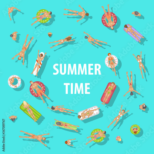 People swim on inflatable circles, inflatable mattresses, surfboards. Top view. Summer time. Men and women swim in the ocean, sea, water. 