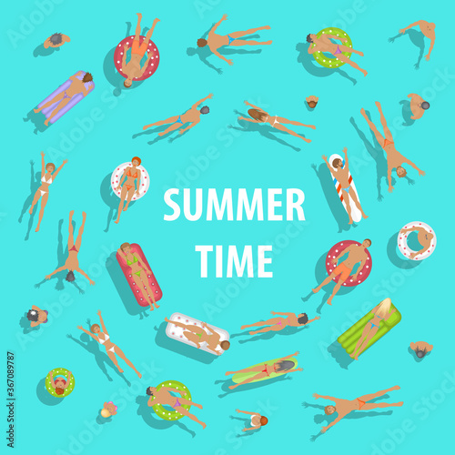People swim on inflatable circles, inflatable mattresses, surfboards. Top view. Summer time. Men and women swim in the ocean, sea, water. 