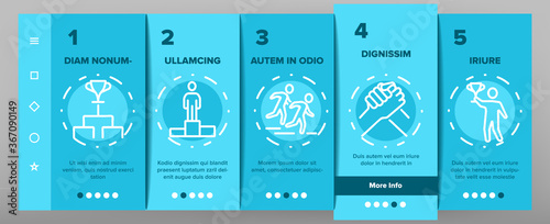 Contest Sport Activity Onboarding Mobile App Page Screen Vector. Box And Run, Arm Wrestling And Tug Of War Contest, Champion Cup, Medal And Award Illustrations