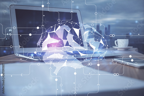 Multi exposure of work space with computer and human brain hologram. Brainstorm concept.