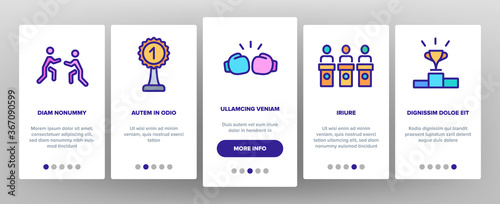 Contest Sport Activity Onboarding Mobile App Page Screen Vector. Box And Run, Arm Wrestling And Tug Of War Contest, Champion Cup, Medal And Award Illustrations