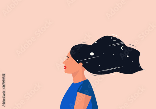 Vector illustration of a girl with closed eyes. The concept of meditation, solitude, soul seeking or mindfulness