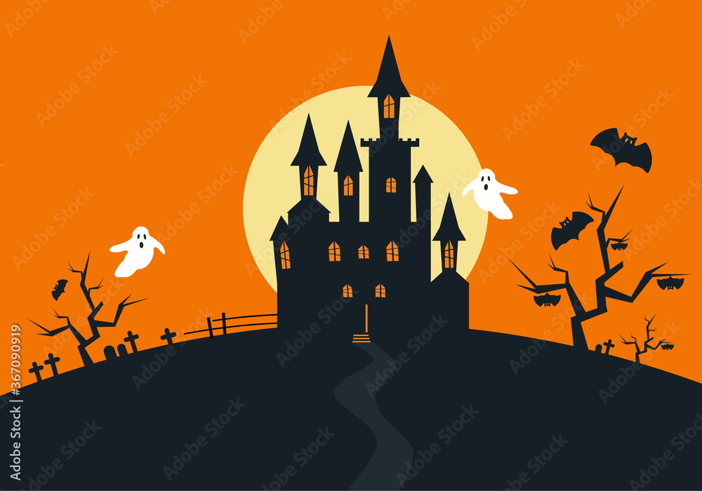 Vector illustration for halloween. Dracula's castle or haunted house on the background of the moon at night