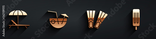 Set Sunbed and umbrella, Coconut cocktail, Rubber flippers and Ice cream icon with long shadow. Vector.