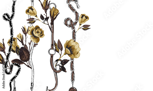 Vertical golden belts and gold roses card. Fashion baroque design tamplate. Vintage floral sketch on white background