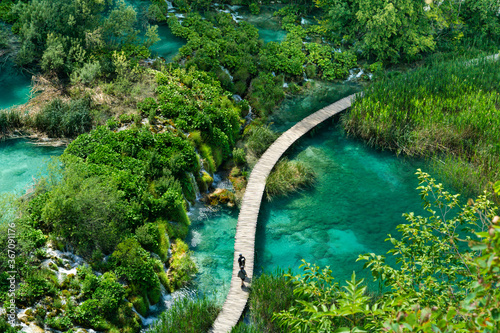Wooden path in the Plitvice lake in park
