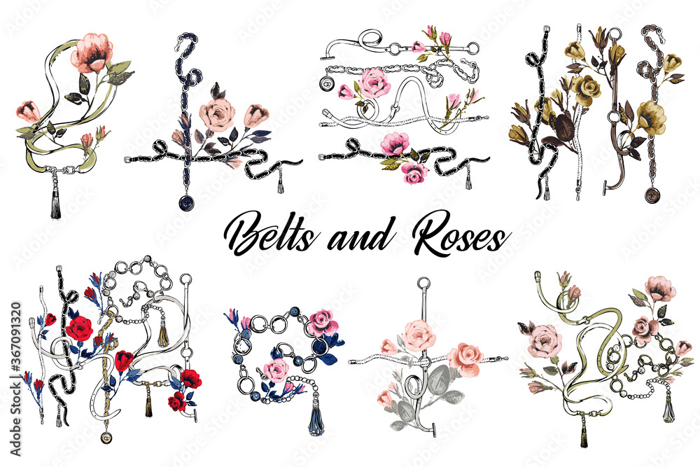 Fototapeta premium Belt ans roses elements set. Fashion designs. Vintage floral sketch illustrations on white background. Baroque fabric design