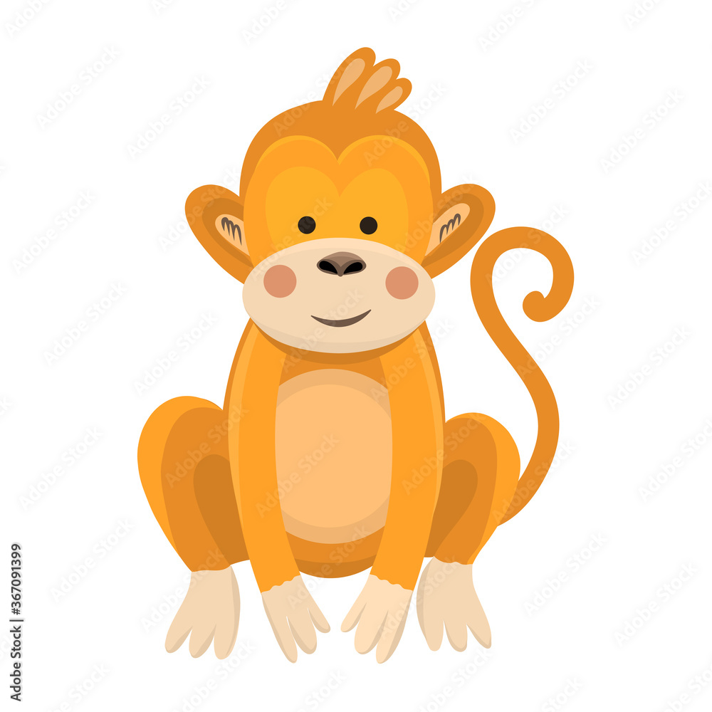 Obraz premium Vector illustration of a cute monkey in flat style.Cartoon illustration drawn for children. Illustrations for children's books, printing on postcards and T-shirts. jungle macaque, cute and kind monkey