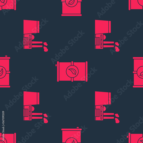 Set Oil industrial factory building and Bio fuel barrel on seamless pattern. Vector.