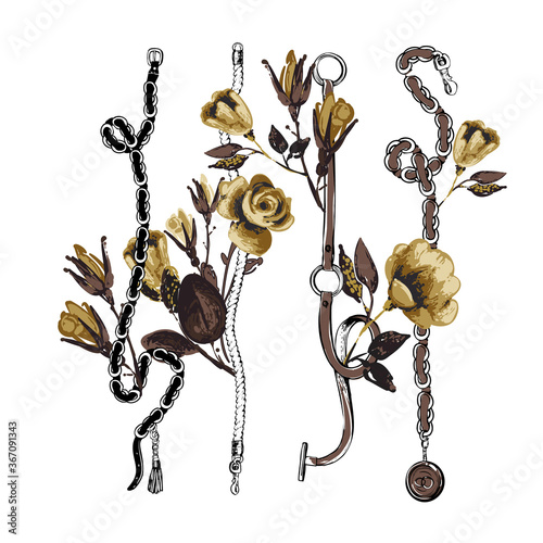 Vertical stripes golden belts gold roses. Fashion t-shirt design. Vintage floral sketch illustration on white background. Baroque fabric design