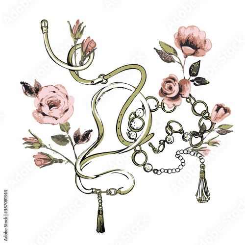 Green crossing belts pastel roses. Fashion t-shirt disign. Vintage floral illustration on white background. Baroque fabric design