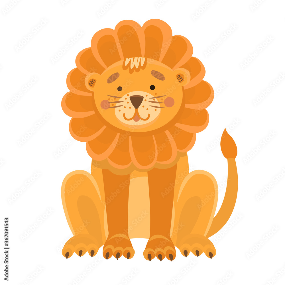 Vector illustration of a cute lion in flat style. Cartoon illustration drawn for children. Illustrations for books, design of products for children, printing on cards and T-shirts. Safari animal, swar Vector illustration of a cute lion in flat style. Cartoon illustration drawn for children. Illustrations for books, design of products for children, printing on cards and T-shirts. Safari animal, swar