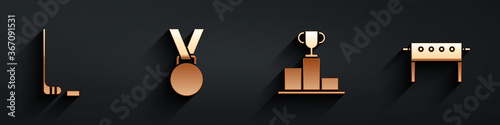 Set Ice hockey stick and puck, Medal, Hockey over sports winner podium and Hockey table icon with long shadow. Vector.