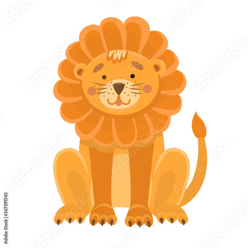 Vector illustration of a cute lion in flat style. Cartoon illustration drawn for children. Illustrations for books, design of products for children, printing on cards and T-shirts. Safari animal, swar