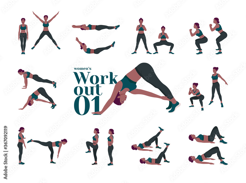 Workout Women set. Women doing fitness and yoga exercises. Lunges, Pushups,  Squats, Dumbbell rows, Burpees, Side planks, Situps, Glute bridge, Leg Raise,  Russian Twist, Side Crunch .etc Stock Vector