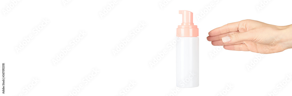 Hand sanitizer in bottle, disinfection liquid. Isolated on white background. Copy space template, banner. Hand sanitizer in bottle, disinfection liquid. Isolated on white background. Copy space template, banner.