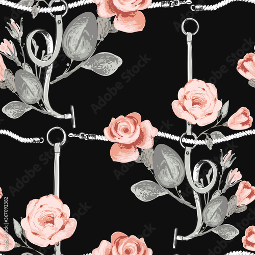 Pattern with leather belt cross rope pastel gray pink roses. Vintage floral sketch seamless pattern on black background. Flowers on belts, nature and art. Baroque fabric design.