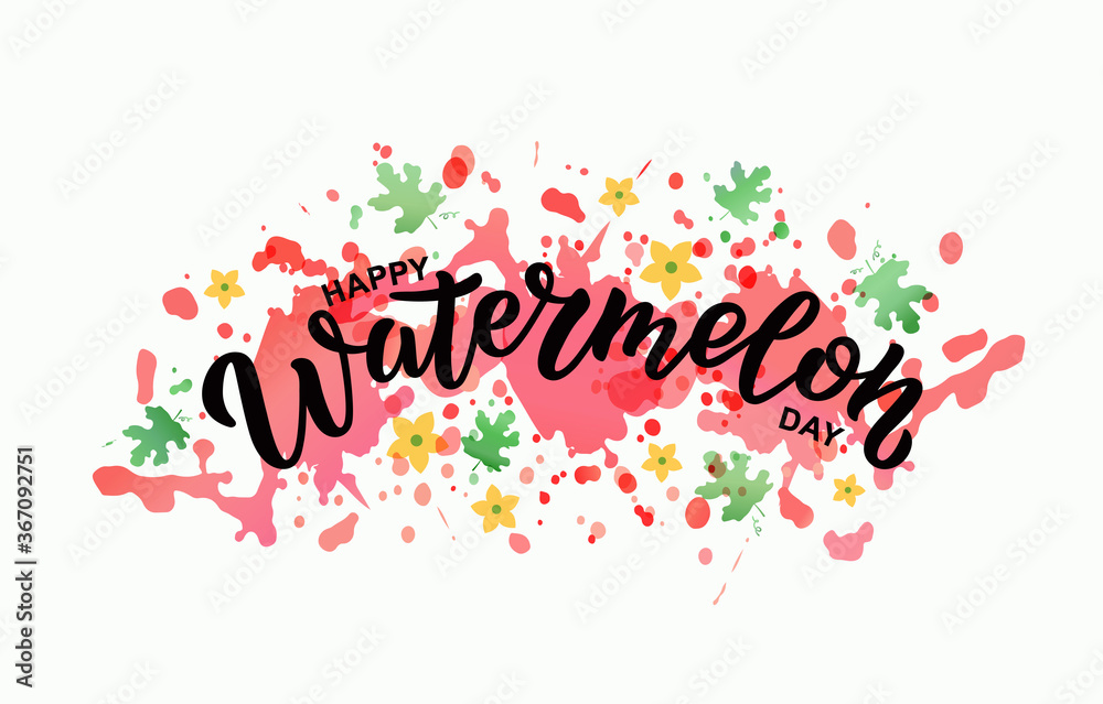 Hand written lettering Happy Watermelon Day. Illustration on watercolor background.