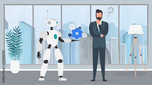 The robot offers a solution. Businessman with a question. People and robots teamwork concept. Vector.