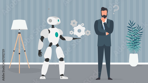 The robot offers a solution. Businessman with a question. People and robots teamwork concept. Vector.