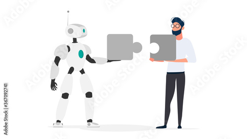 The guy and the robot are holding puzzle pieces. Teamwork concept.