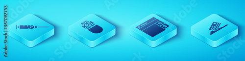 Set Isometric Syringe, Medicine pill or tablet, Cocaine and credit card and Buying drugs online icon. Vector.