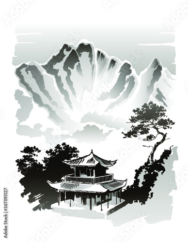 Mountain temple, pagoda. Vector illustration in traditional oriental style.