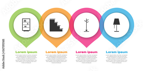 Set Library bookshelf, Staircase, Coat stand and Table lamp. Business infographic template. Vector.