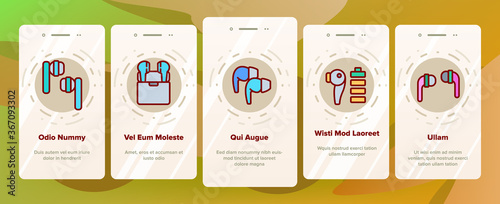 Wireless Earbuds Stereo Device Onboarding Mobile App Page Screen Vector. Of Airpods Wireless Headphones Gadget For Listen Music And Hands Free Tool Illustrations