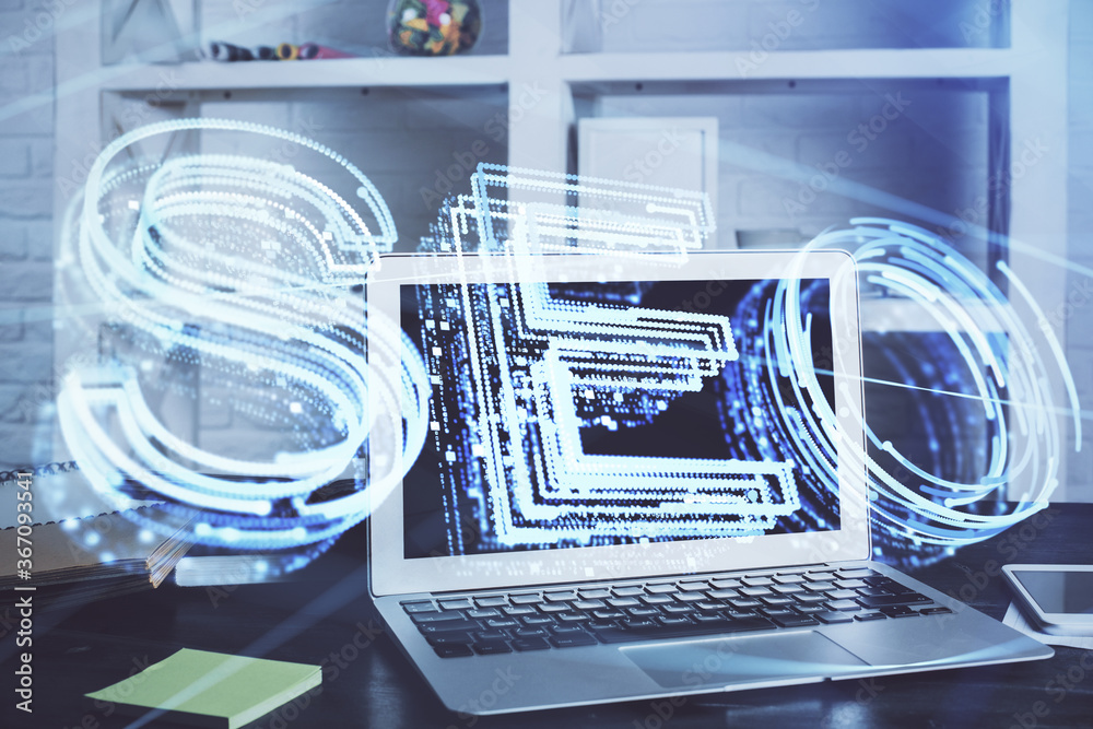 Multi exposure of table with computer and seo drawing hologram. Search optimization concept. Multi exposure of table with computer and seo drawing hologram. Search optimization concept.